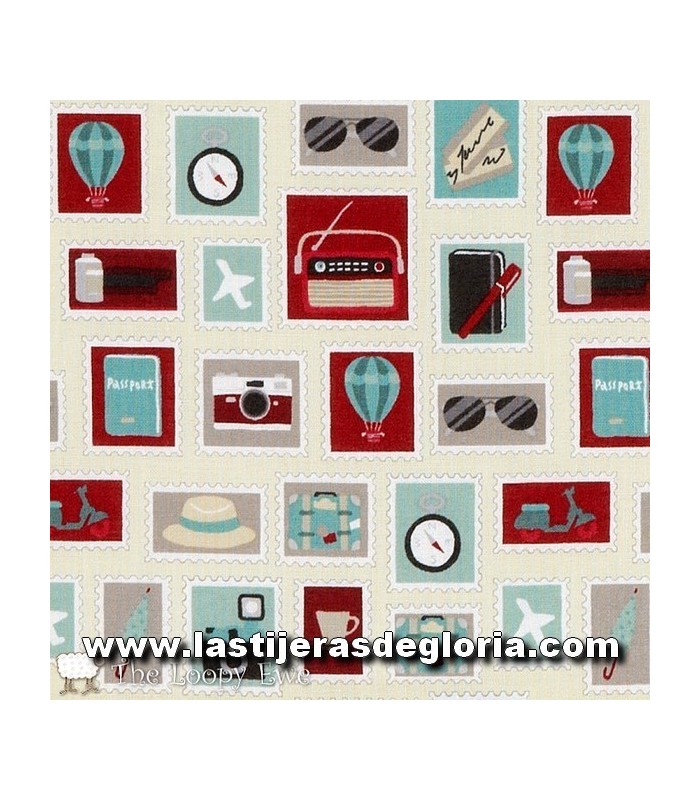 Estampados Tela sellos viaje crema colección "Slow Travel" de Stof Fabrics
