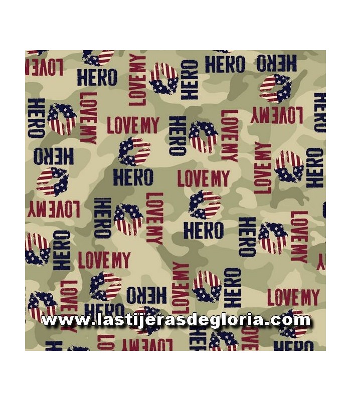 Camuflaje Tela palabras sobre verde oliva "I Love my Hero" de Quilting Treasures