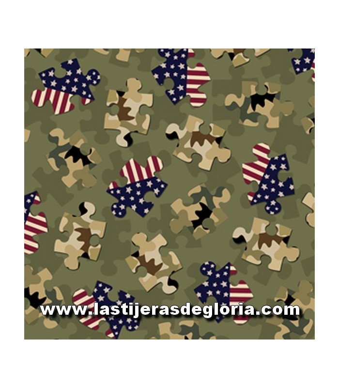 Estampados Tela piezas puzzle sobre verde oliva "Love my Hero" de Quilting Treasures