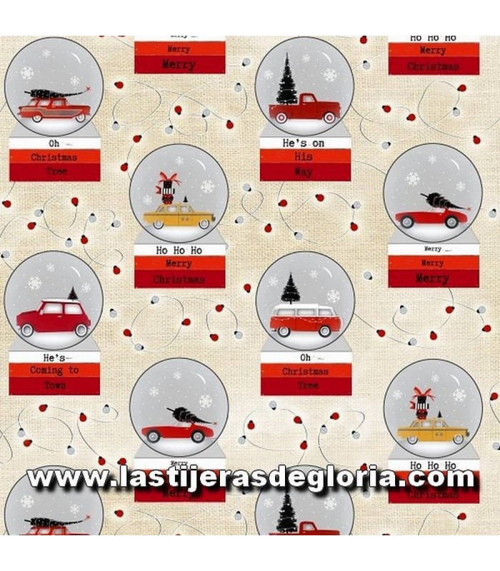 Telas patchwork de Navidad Tela Navidad coches en bolas sobre crema colección "Around Town Christmas" de Studio E Fabrics