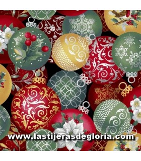 Telas patchwork de Navidad Tela bolas Navidad sobre rojo colección "Holiday Trimmings" de Blank Quilting