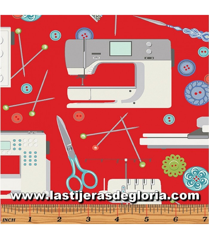 Costura Tela máquinas coser Bernina sobre rojo colección "Sewing Room" de Benartex