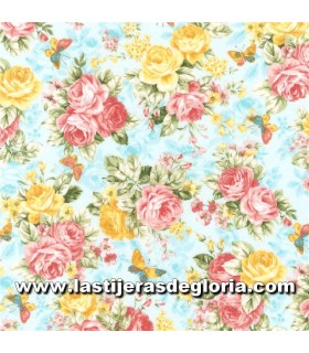 Estampados Tela mariposas y flores sobre azul claro colección "Lady Elizabeth" de Robert Kaufman