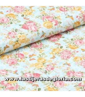 Estampados Tela mariposas y flores sobre azul claro colección "Lady Elizabeth" de Robert Kaufman