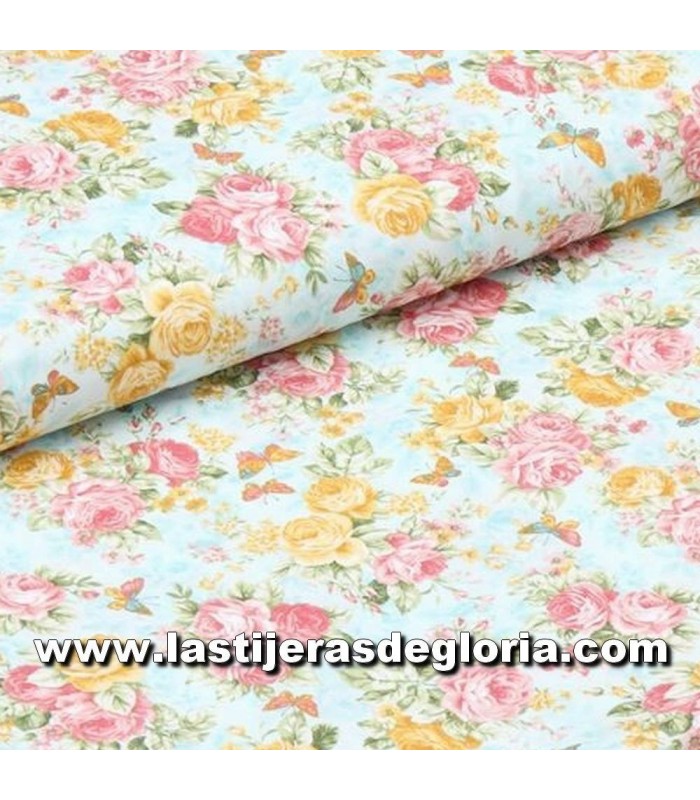 Estampados Tela mariposas y flores sobre azul claro colección "Lady Elizabeth" de Robert Kaufman