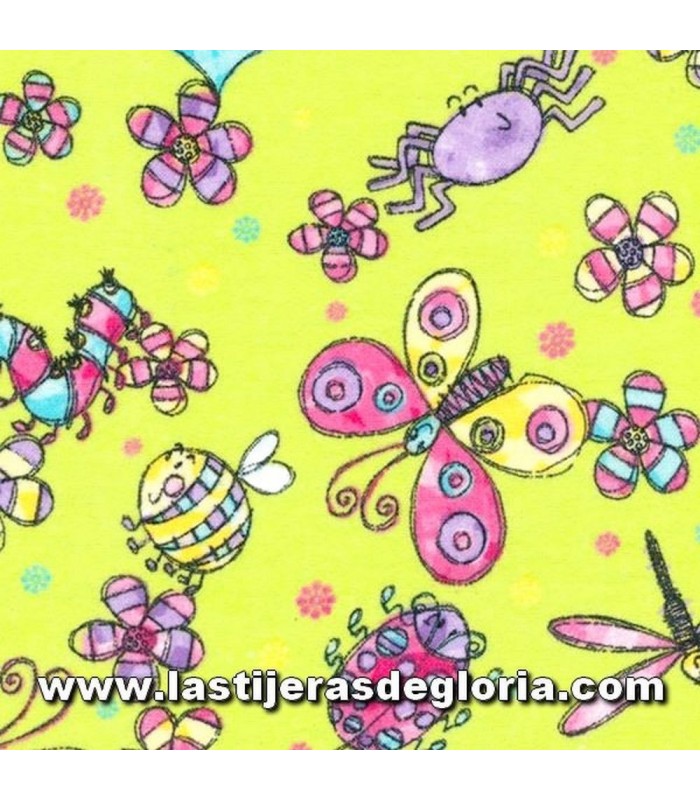 Franela Franela algodón mariposas y bichos sobre verde "Cuddle Print Flannel" de Fabri-Quilt