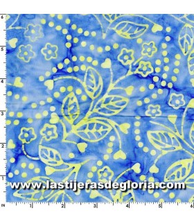 Batiks Tela Bejeweled Batiks corazones y flores amarillo sobre azul de Maywood Studio