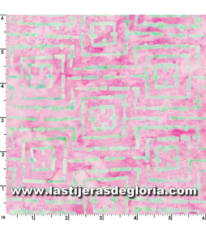 Batiks Tela Bejeweled Batiks cuadrados cosidos verde azulado sobre rosa de Maywood Studio
