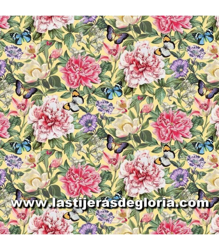 Estampados Tela flores mariposas sobre blanco colección Botanica de Northcott