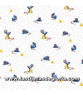 Animales Tela ratones queso y topos sobre blanco colección Feline Friends de Michael Miller