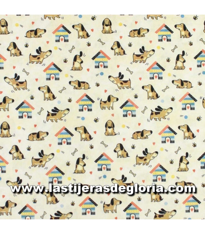 Animales Tela perritos y casitas sobre crema colección Rufus de Indigo Fabrics