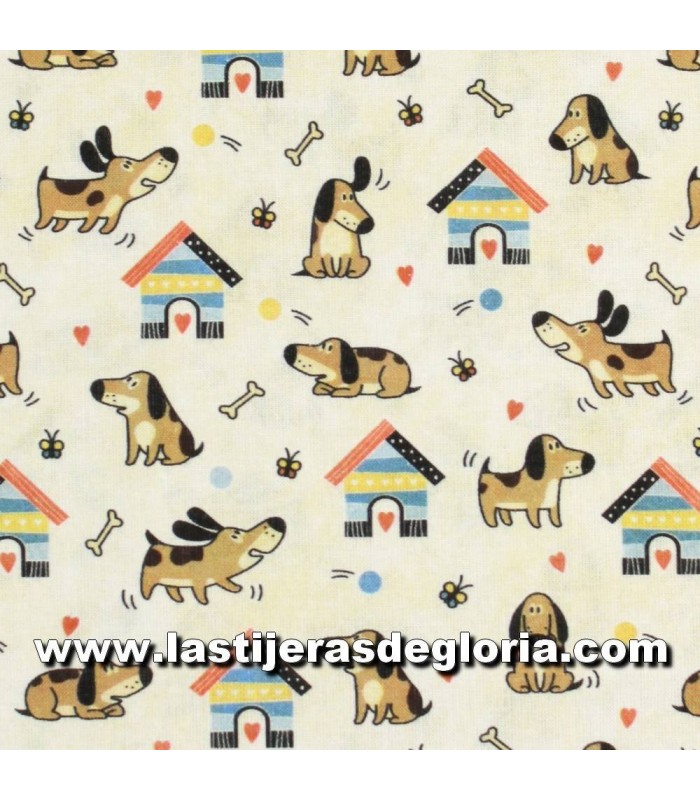 Animales Tela perritos y casitas sobre crema colección Rufus de Indigo Fabrics