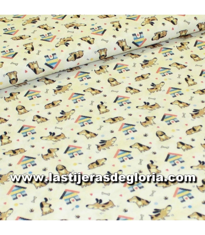 Animales Tela perritos y casitas sobre crema colección Rufus de Indigo Fabrics