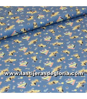 Animales Tela perritos y casitas sobre azul colección Rufus de Indigo Fabrics