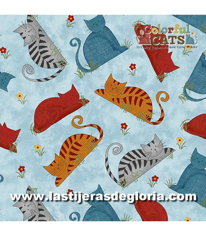 Animales Tela gatos sobre azul cielo colección Colorful Cats de Benartex