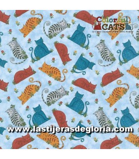 Animales Tela gatos sobre azul cielo colección Colorful Cats de Benartex