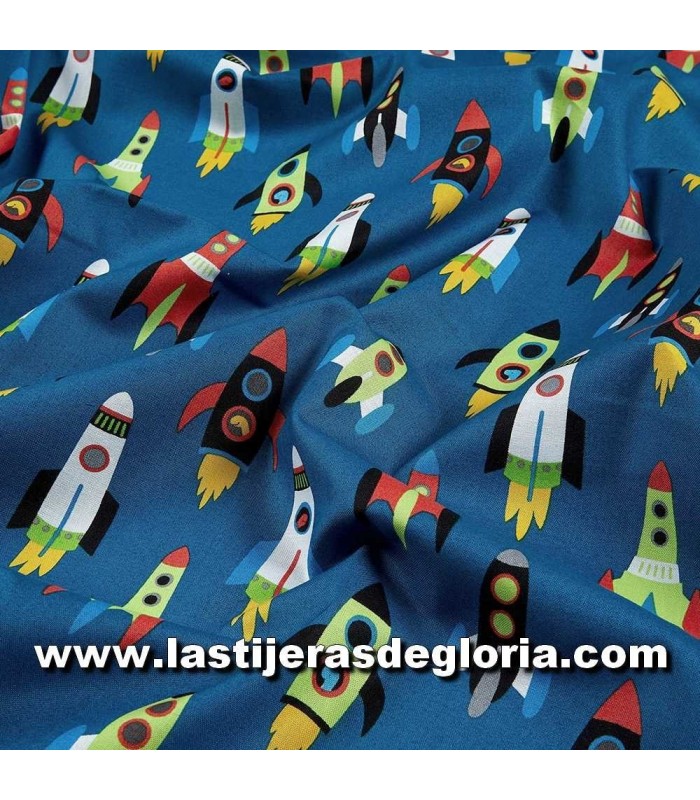 Infantil Tela dinosaurios y cohetes sobre azul colección Dino-Sar de Robert Kaufman