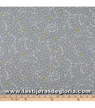 Tela constelaciones y estrellas sobre gris colección Dino-Sar de Robert Kaufman