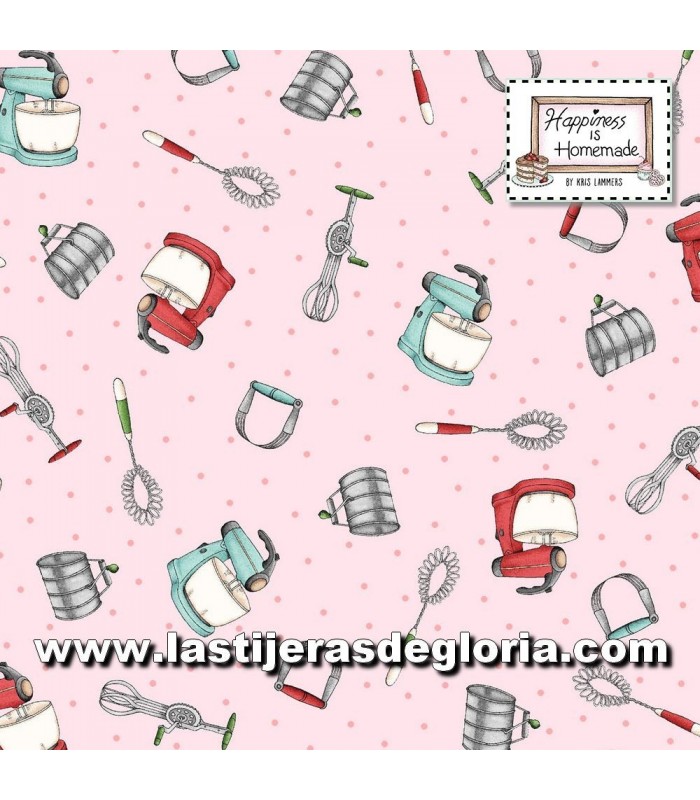 Cocina Tela utensilios cocina vintage sobre rosa colección Hapiness is Homemade de Maywood Studio