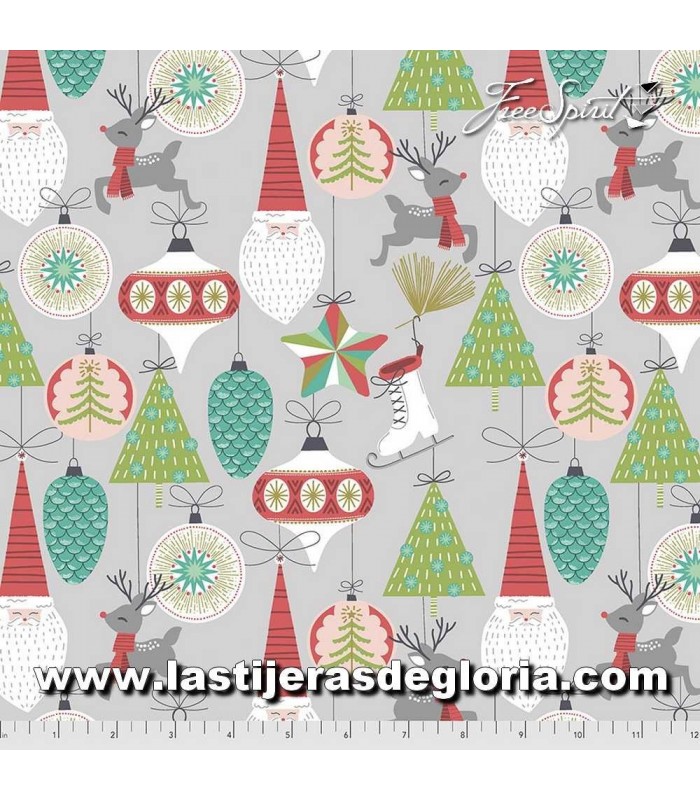 Telas patchwork de Navidad Tela Navidad adornos y renos sobre gris colección Fa La La de Free Sprit