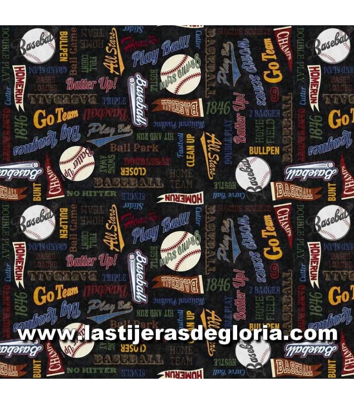 Infantil Tela vocablos Beisbol sobre negro colección "Grand Slam" de Quilting Treasures