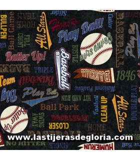 Infantil Tela vocablos Beisbol sobre negro colección "Grand Slam" de Quilting Treasures