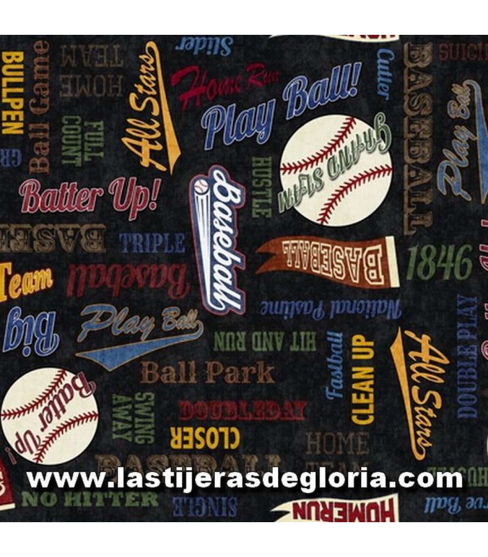 Infantil Tela vocablos Beisbol sobre negro colección "Grand Slam" de Quilting Treasures