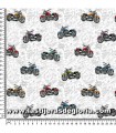 Tela motocicletas y mensajes Motorbikes colección American Cars de Indigo Fabrics