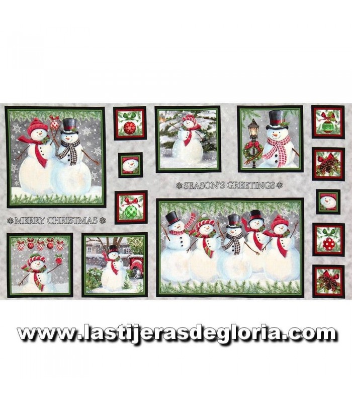 Paneles Panel escenas muñecos Navidad sobre gris Winter Greetings de Quilting Treasures