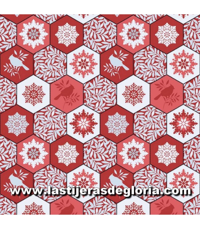 Telas patchwork de Navidad Tela Navidad hexágonos copos nieve y pájaros rojo-blanco colección Winter Garden de Katia Hoffman