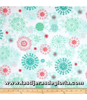 Telas patchwork de Navidad Tela Navidad copos nieve verde-rojo sobre blanco de Studio E Fabrics