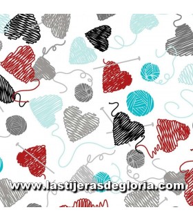 Costura Tela corazones tejidos sobre blanco colección All You Knit is Love de Kanvas Studio Fabrics