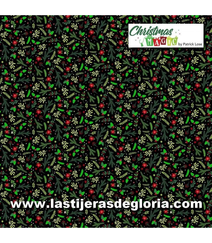 Telas patchwork de Navidad Tela ramas de Navidad sobre negro Christmas Magic de Northcott