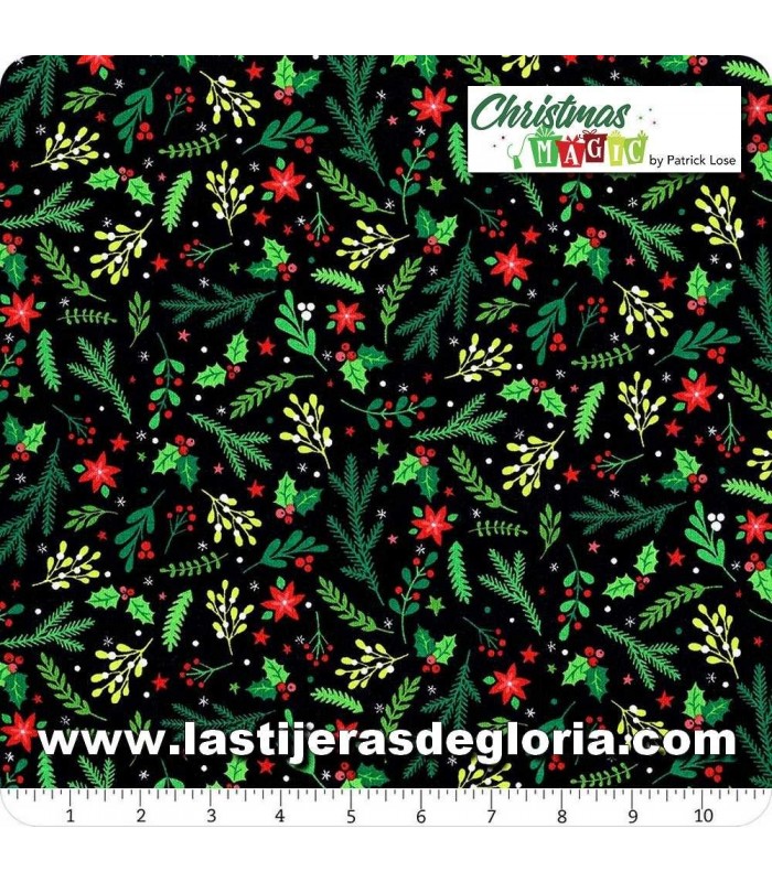 Telas patchwork de Navidad Tela ramas de Navidad sobre negro Christmas Magic de Northcott