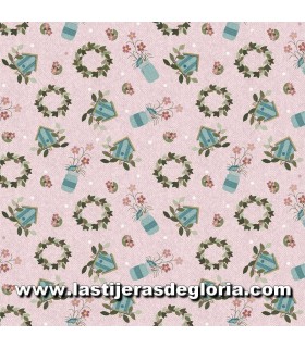Infantil Tela jardín flores y pájaros rosa claro colección A Wooly Garden de Benartex