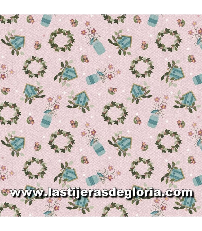 Infantil Tela jardín flores y pájaros rosa claro colección A Wooly Garden de Benartex