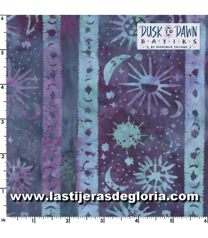 Batiks Tela Batik rayas sol y luna sobre azul oceano Dusk to Dawn de Maywood Studio