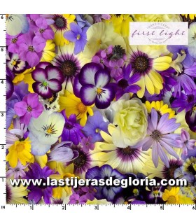 Hand Picket - First Light Tela flores fotorrealistas amarillo-morado colección First Light de Maywood Studio