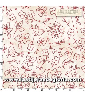 Tela pájaros y flores redwork sobre crema Summertime de Maywood Studio