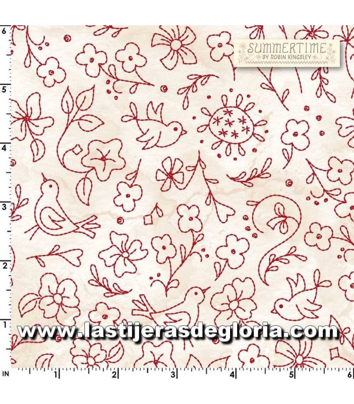 Tela pájaros y flores redwork sobre crema Summertime de Maywood Studio