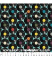 Tela con discos de vinilo de colores colección Nostalgia de Indigo Fabrics