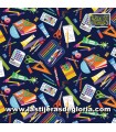 Tela suministros escolares azul navy Back to School de Michael Miller