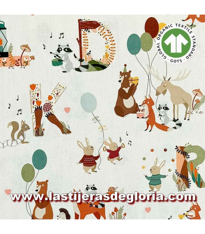 Tela infantil animales divertidos sobre blanco ancho 140 cm.
