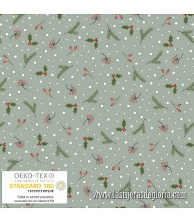 Tela Navidad acebo y nieve sobre gris Snow is Falling de Stof Fabrics