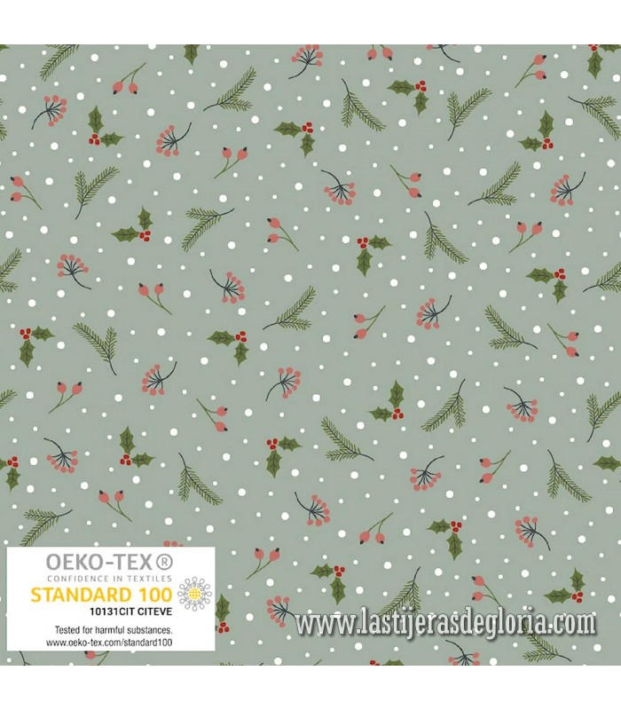 Tela Navidad acebo y nieve sobre gris Snow is Falling de Stof Fabrics