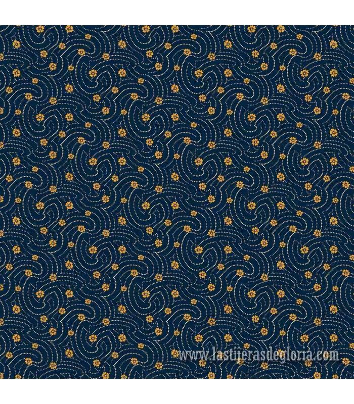 Tela flores y puntos en espiral sobre azul Indigo Cheddar II de Makower