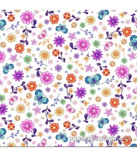 Tela flores y mariposas multicolor sobre blanco Crazy Kitties de PB Textiles