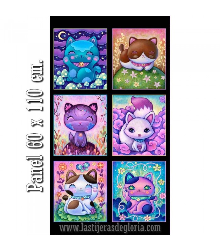 Panel gatitos multicolor sobre negro Crazy Kitties de P&B Textiles