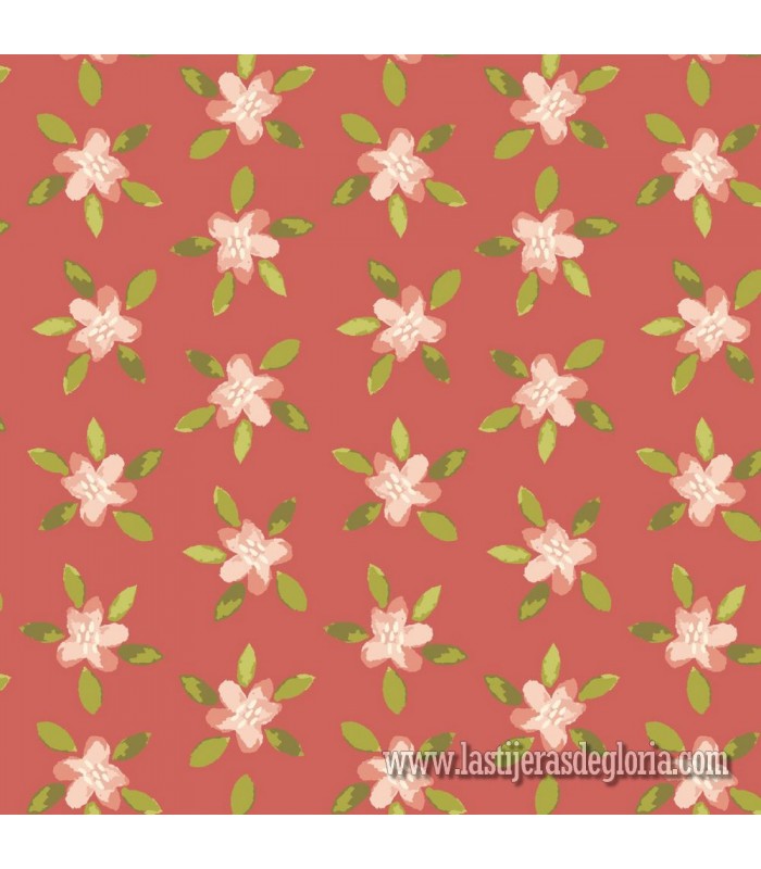 Tela flores pequeñas sobre coral Bumble and Bloom de Henry Glass