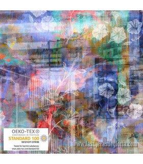 Tela floral y collage urbano turquesa My Bright Town de Stof Fabrics
